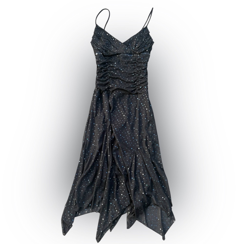 Ruby Rox Y2K Black Sequin Handkerchief Hem Dress Spaghetti Strap S/M